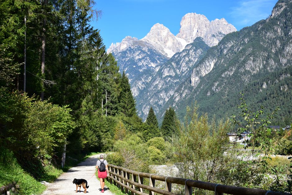 Woman and dog walking along a forest trail with stunning mountain views in Auronzo di Cadore, Italy.