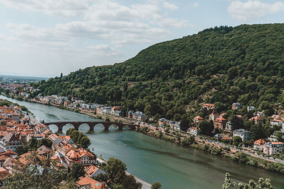 Explore the scenic aerial view of Heidelberg with its iconic Karl Theodor Bridge over the Neckar River.