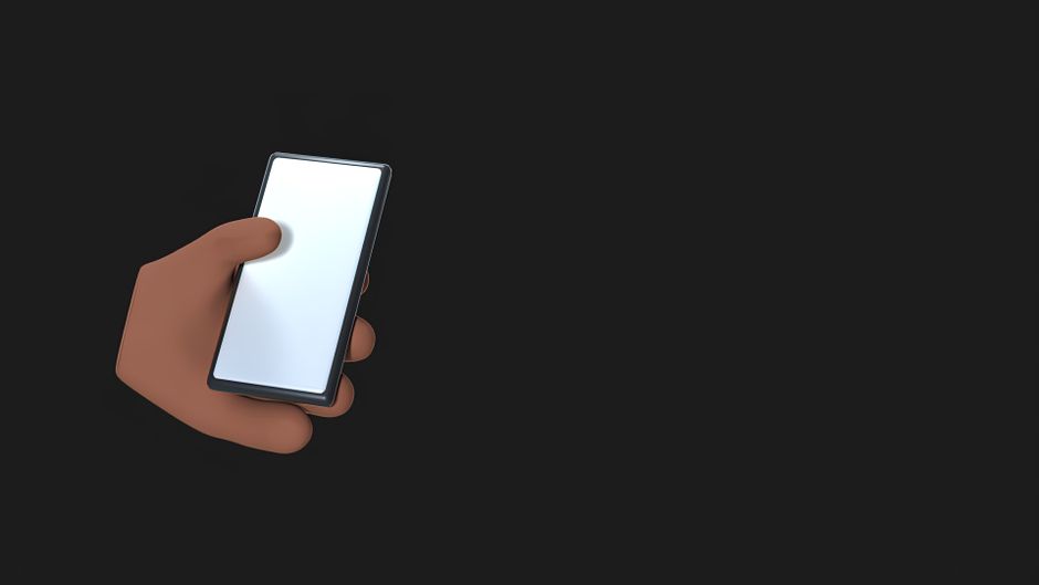3D illustration of a hand holding a smartphone on a dark background.